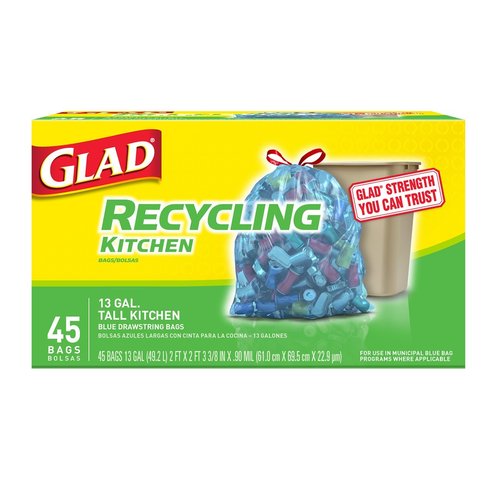 GLAD 78542 RECYCLING TALL KITCHEN DRAWSTRING TRANSLUCENT BLUE 13 GALLON