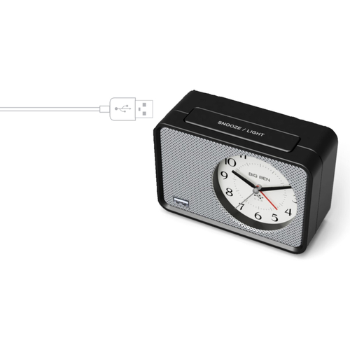 BIG BEN 75109 Alarm Clock with Charging Port, Alkaline Battery, AAA Battery, Analog Display, Plastic Case