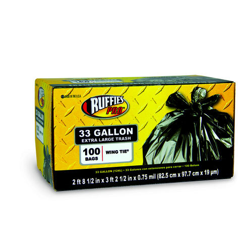 Ruffies Pro Black Wing Ties Trash Bags 33 gal. Capacity 0.75 mil. Thick x  32-1/2 x 38-1/2 in.