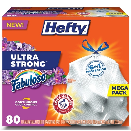 Hefty 00E88390 Tall Kitchen Bags Ultra Strong 13 gal Fabuloso Scent Drawstring White