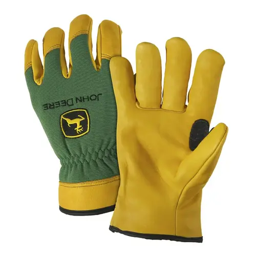 Driver Gloves Men's, L, Reinforced Thumb, Shirred Elastic Cuff, Deerskin Leather/Spandex Green/Yellow