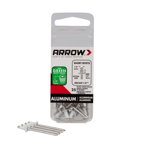 Pop Rivet, Short, 1/8 in L, Aluminum White - pack of 25