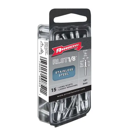 Pop Rivet, Long, 1/2 in L, Stainless Steel Silver - pack of 15