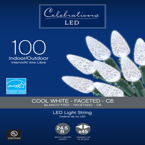 Celebrations 47955-71 Christmas Lights LED C6 Cool White 100 ct String 24.75 ft.
