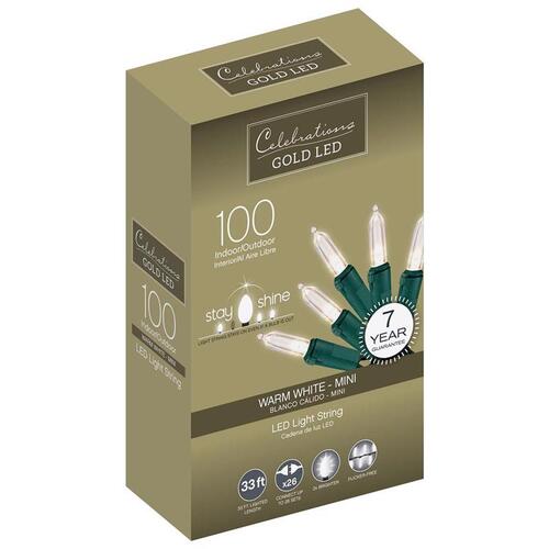 Celebrations 44540-71 Christmas Lights Gold LED Mini Clear/Warm White 100 ct String 33 ft.