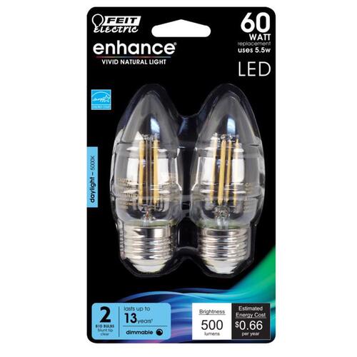 LED Bulb, Decorative, B10 Lamp, 60 W Equivalent, E26 Lamp Base, Dimmable, Daylight Light Pair Clear