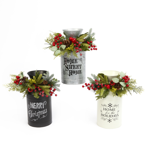 Gerson 2435590 Indoor Christmas Decor Assorted Milk Can with Floral Accent Assorted