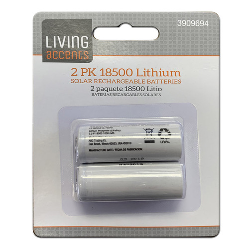 Living Accents 18500 LIPO 1000 Solar Rechargeable Battery Lithium Phosphate 18500 3.2 V 1000 Ah