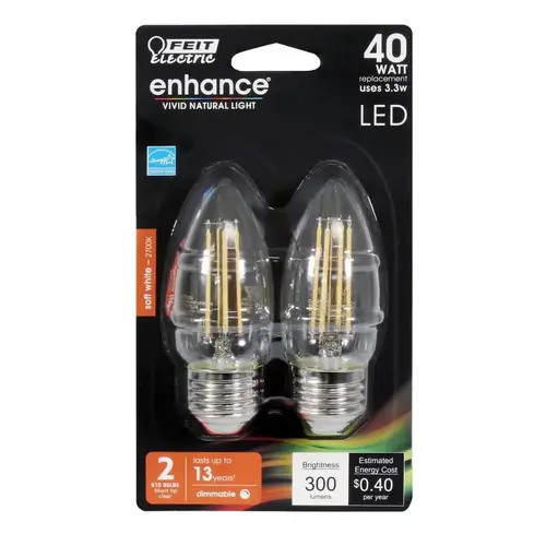 Feit Electric BPETC40927CAFL2 Filament LED Bulb Enhance B10 E26 (Medium) Soft White 40 W Clear Pair