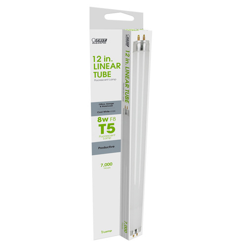 Feit Electric F8T5/CW/RP Fluorescent Bulb, 8 W, T5 Lamp, Miniature G5 Lamp Base, 320 Lumens, 4100 K Color Temp
