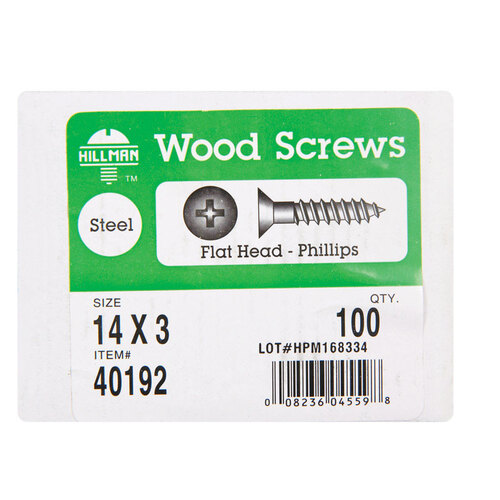 40192 Flat Head Phillips Zinc Wood Screw 100 Ct. Hillman #14 x 3 In 
