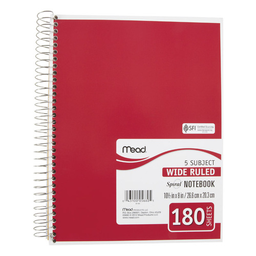 Mead 05680-XCP12 Notebook 8" W X 10-1/2 L Wide Ruled Spiral Assorted - pack of 12