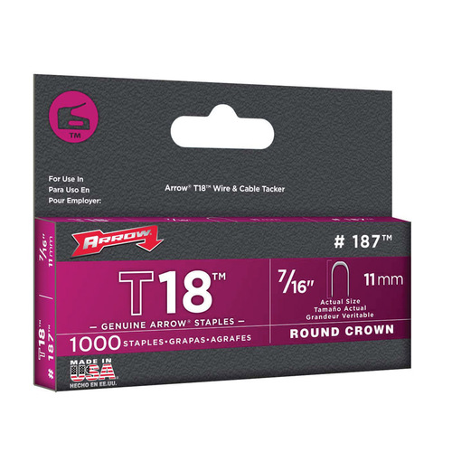 Arrow 187 Wire Staples T18 3/16" W X 7/16" L 18 Ga. Round Crown Gray