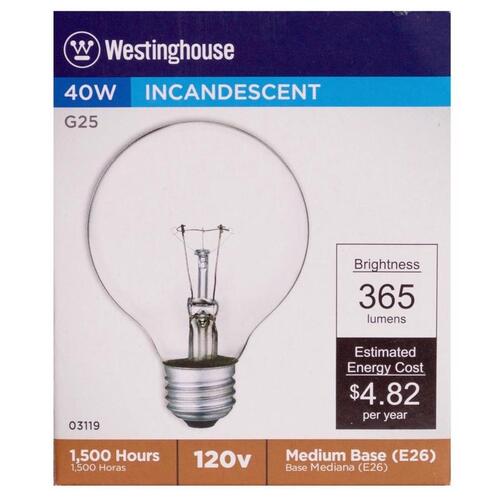 Westinghouse 03119 Incandescent Bulb 40 W G25 Globe E26 (Medium) Warm White Clear