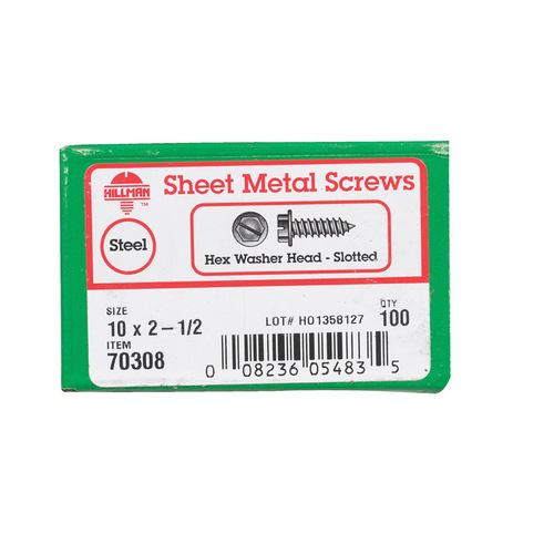 Sheet Metal Screws No. 10 X 2-1/2" L Slotted Hex Washer Head Zinc-Plated