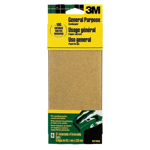 Sandpaper Sheet, 9 in L, 3.66 in W, Medium, 100 Grit, Aluminum Oxide Abrasive, Paper Backing - pack of 6