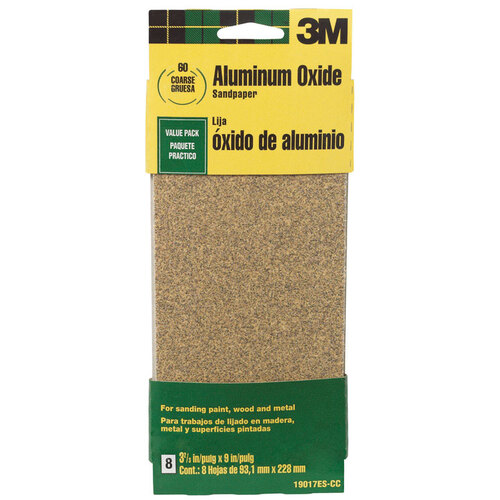 Sandpaper Sheet, 9 in L, 3.66 in W, Coarse, 60 Grit, Aluminum Oxide Abrasive, Paper Backing - pack of 6