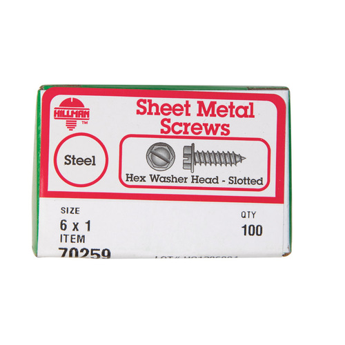 Sheet Metal Screws No. 6 S X 1" L Slotted Hex Washer Head 100 Zinc-Plated