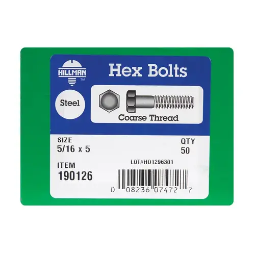 Hex Bolt 5/16" D X 5" L Zinc Plated Steel Zinc Plated