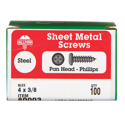 Sheet Metal Screws No. 4 S X 3/8" L Phillips Pan Head 100 Zinc-Plated