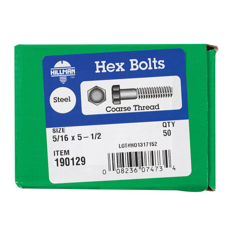 Hex Bolt 5/16" D X 5-1/2" L Zinc Plated Steel Zinc Plated