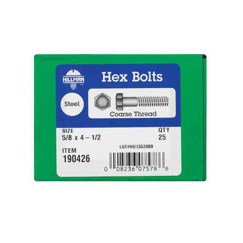 Hex Bolt 5/8" D X 4-1/2" L Zinc Plated Steel Zinc Plated