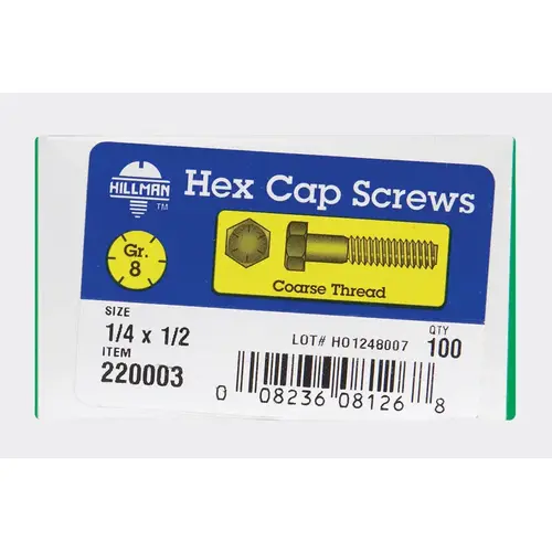 Hex Head Cap Screw 1/4" D X 1/2" L Heat Treated Steel Heat Treated