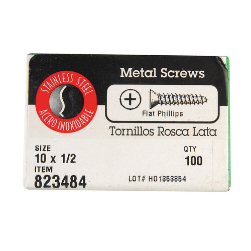 Sheet Metal Screws No. 10 X 1/2" L Phillips Flat Head Silver