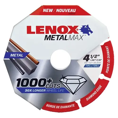 MetalMax Cut-Off Wheel, 4-1/2 in Dia, 3/64 in Thick, 7/8 in Arbor, 40, 50 Grit, Diamond Abrasive