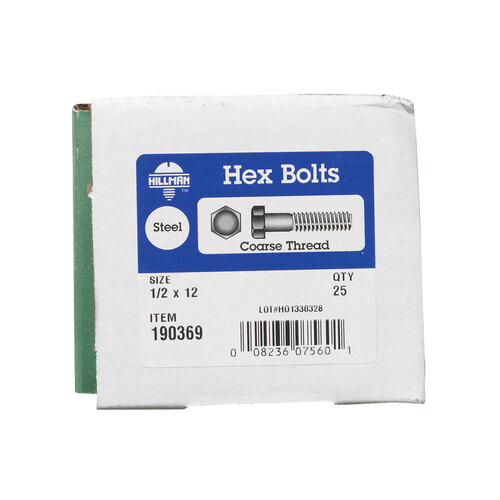 Hex Bolt 1/2" D X 12" L Zinc Plated Steel Zinc Plated