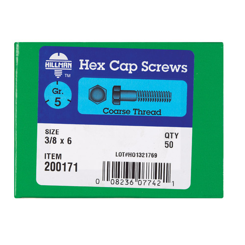 Hex Head Cap Screw 3/8" D X 6" L Heat Treated Zinc Steel Heat Treated Zinc