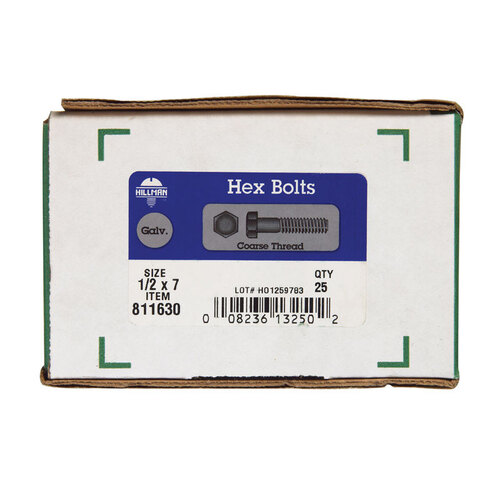 Hex Bolt 1/2" D X 7" L Hot Dipped Galvanized Steel Hot Dipped Galvanized