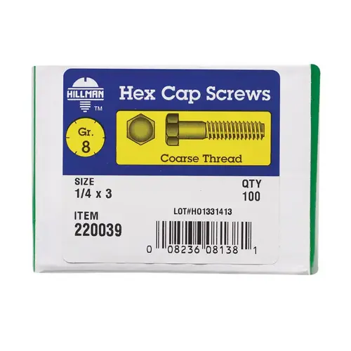 Hex Head Cap Screw 1/4" D X 3" L Heat Treated Steel Heat Treated