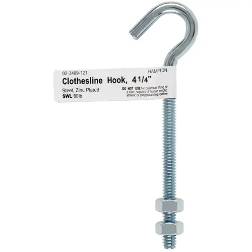 Clothesline Bolt Hook Small Zinc-Plated Silver Steel 4" L 80 lb Zinc-Plated - pack of 10