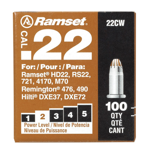 Ramset 00594 Single Shot Powder Load, Power Level: 2, Brown Code, 0.22 in Dia, 2-1/8 in L - pack of 100