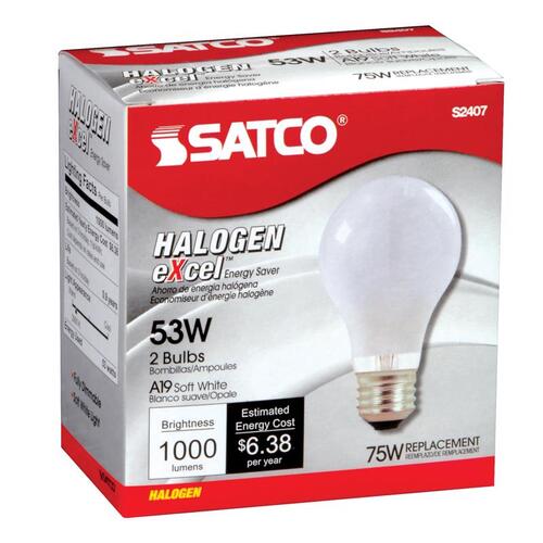 Satco S2407-XCP12 Halogen Bulb 53 W A19 A-Line 1,050 lm Warm White Froste - 2 per pack x12 packs