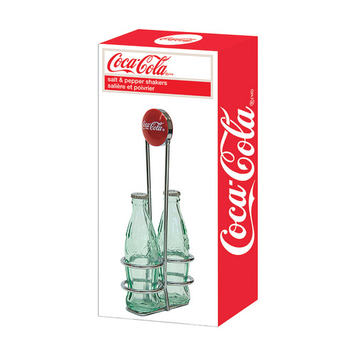 TABLECRAFT CC339N Salt and Pepper Shakers w/Rack Coca-Cola Clear Glass/Steel Clear