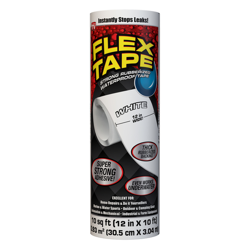 Waterproof Tape, 10 ft L, 12 in W, Rubber Backing White