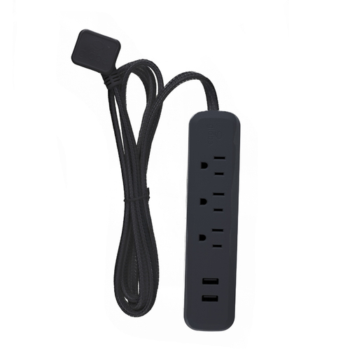Power Strip with USB Ports Designer 6 ft. L 3 outlets Black Black