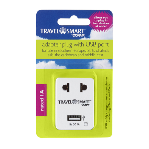 Adapter Plug w/USB Port Type A For Worldwide Gray