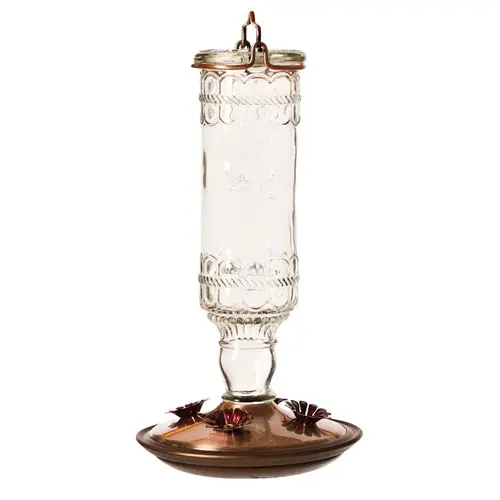 Bird Feeder, Antique Bottle, 10 oz, 4-Port/Perch, Glass/Metal, Clear/Copper, 10.1 in H - pack of 2