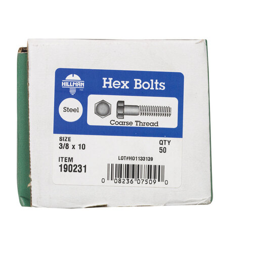 Hex Bolt 3/8" D X 10" L Zinc Plated Steel Zinc Plated