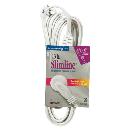 Extension Cord, 16 AWG Cable, 13 ft L, 13 A, 125 V, White