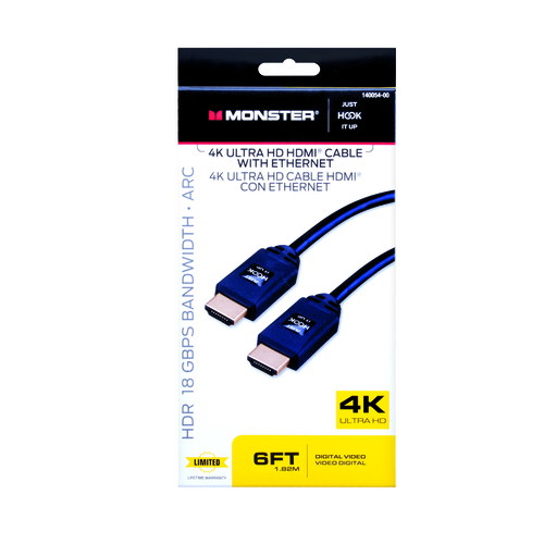 Monster 140054-00 High Speed Cable with Ethernet Just Hook It Up 6 ft. L HDMI Black