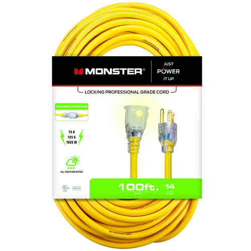 Monster 1502 Extension Cord Just Power It Up Outdoor 100 ft. L Yellow 14/3 SJTW Yellow
