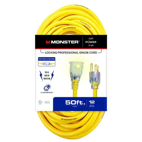 Monster 1504 Extension Cord Just Power It Up Outdoor 50 ft. L Yellow 12/3 SJTW Yellow