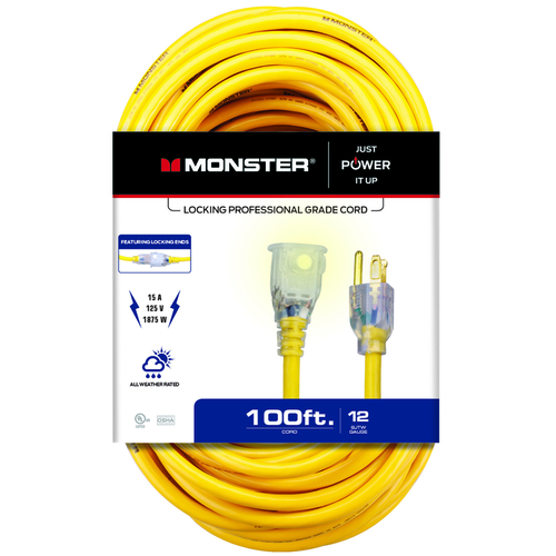 Monster 1505 Extension Cord Just Power It Up Outdoor 100 ft. L Yellow 12/3 SJTW Yellow