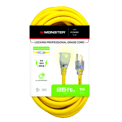 Monster 1500 Extension Cord Just Power It Up Outdoor 25 ft. L Yellow 14/3 SJTW Yellow