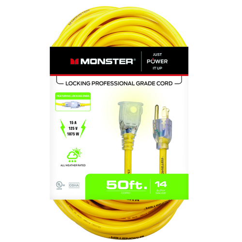 Monster 1501 Extension Cord Just Power It Up Outdoor 50 ft. L Yellow 14/3 SJTW Yellow