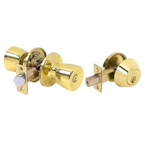 Deadbolt and Entry Door Knob Bright Brass 1-3/4" Bright Brass